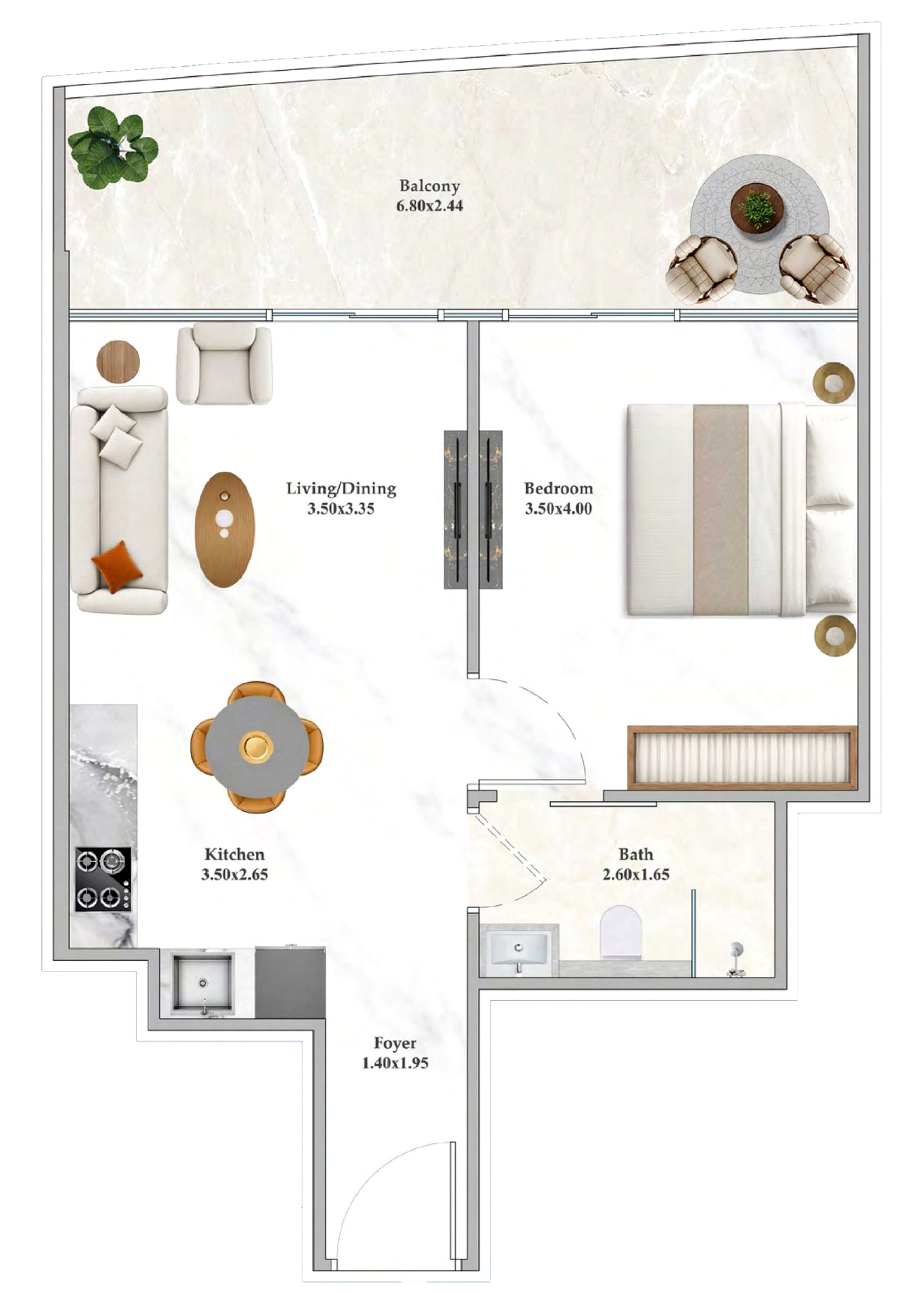 1 bedroom apartment seafacing with foyer and extended terrace from living to master bedroom