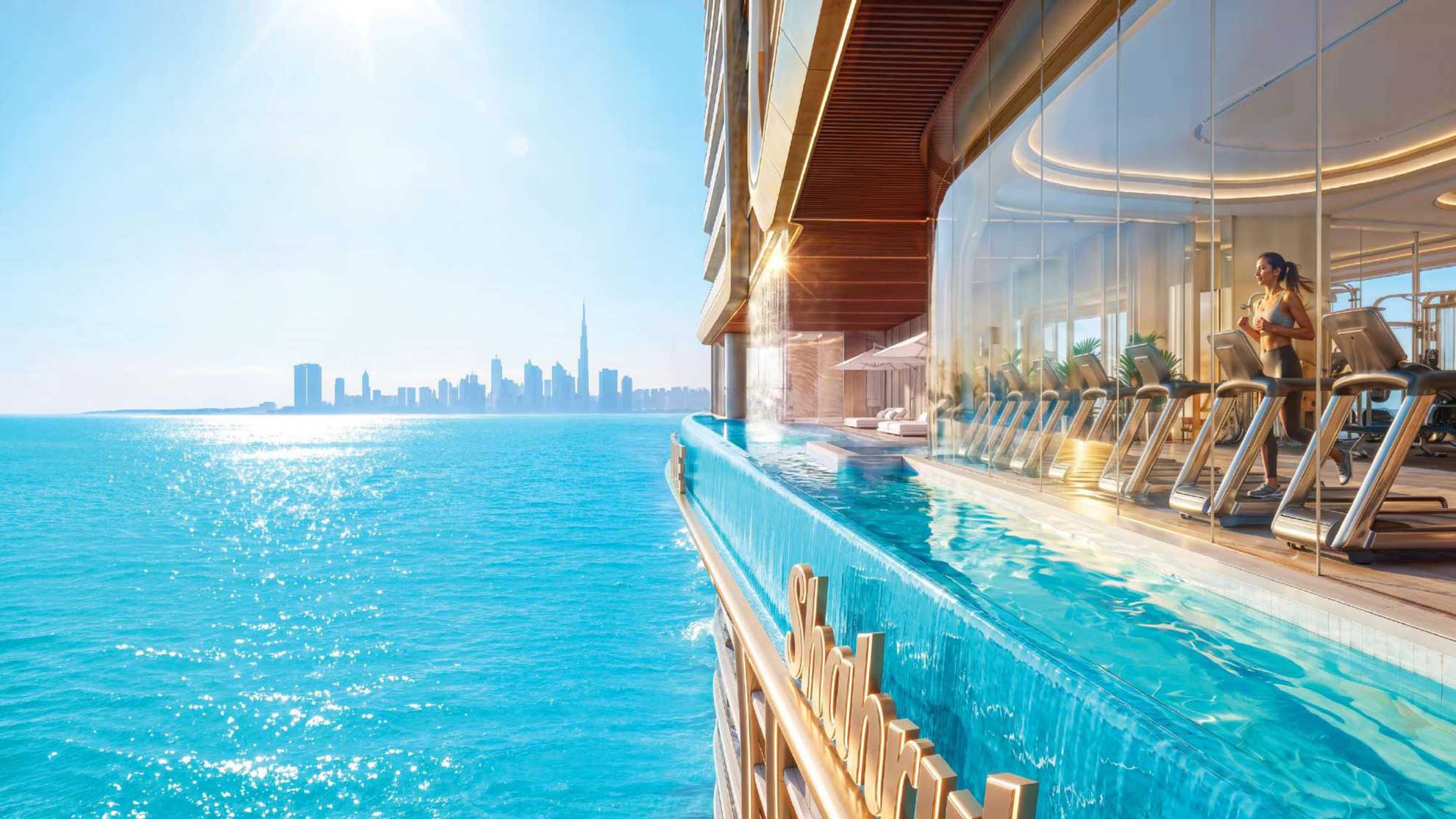 State-of-the-art fitness centre overlooking the infinity pool with panoramic sea views at Shahrukhz Residences by Danube, Dubai Maritime City